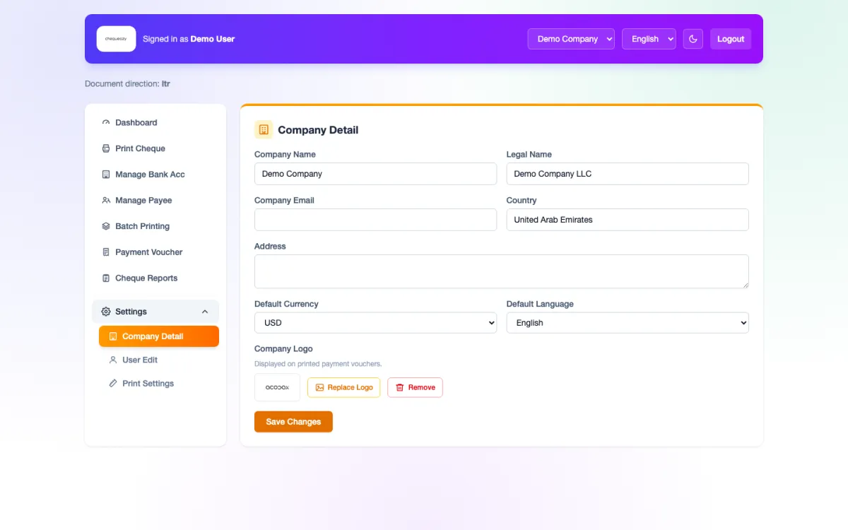 إعدادات الشركة في ChequeEazy Cloud