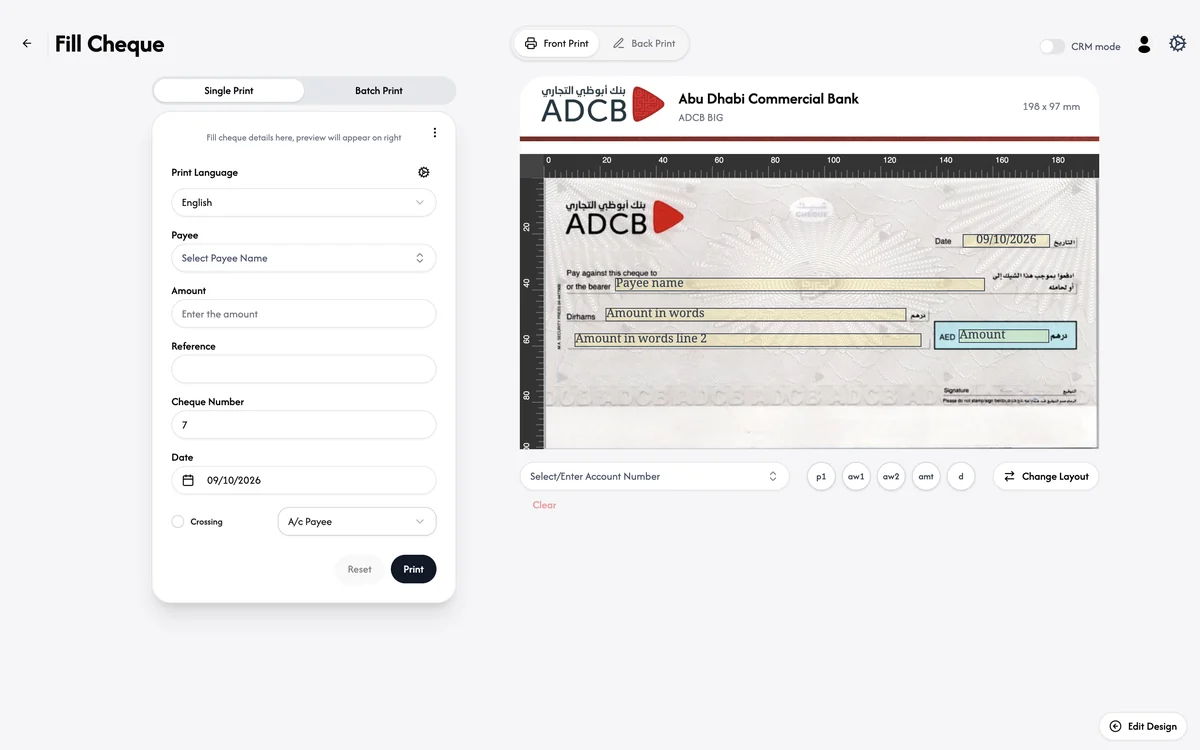 شاشة Fill Cheque في ChequeEazy Enterprise لطباعة شيك واحد على تخطيط ADCB BIG مكتشف بالذكاء الاصطناعي بمقاس 198 × 97 مم