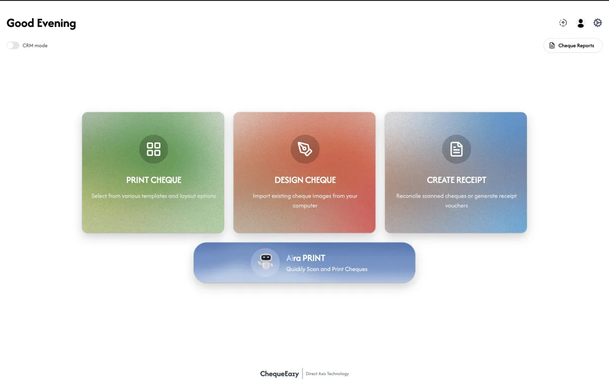 ChequeEazy Mac app home screen with Print Cheque, Design Cheque, Create Receipt and Aira Print Ai cheque scanning