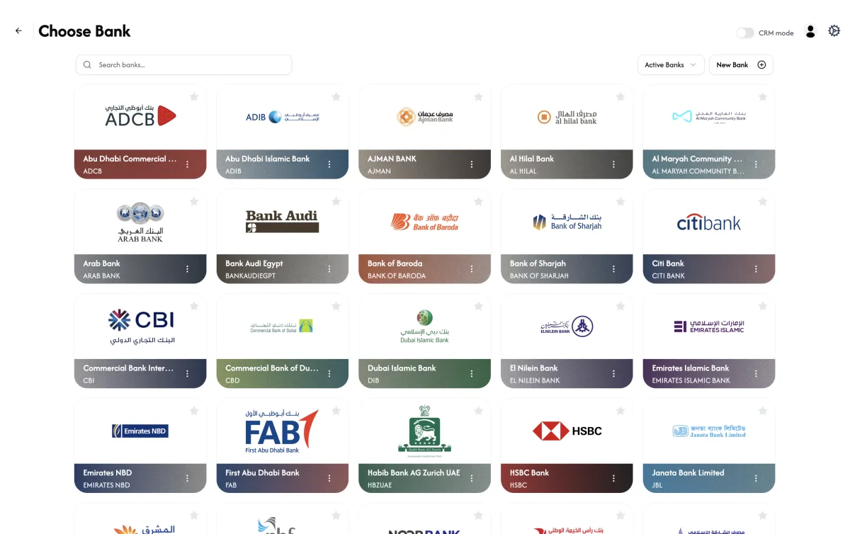 Choose Bank screen in ChequeEazy for Mac with UAE bank cheque layouts including ADCB, ADIB, Emirates NBD, FAB, DIB and HSBC