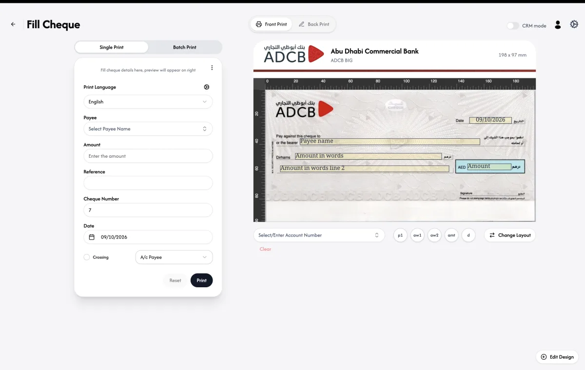 ChequeEazy Fill Cheque screen on macOS printing an ADCB cheque, 198 by 97 mm, with payee, amount in words, amount and date fields